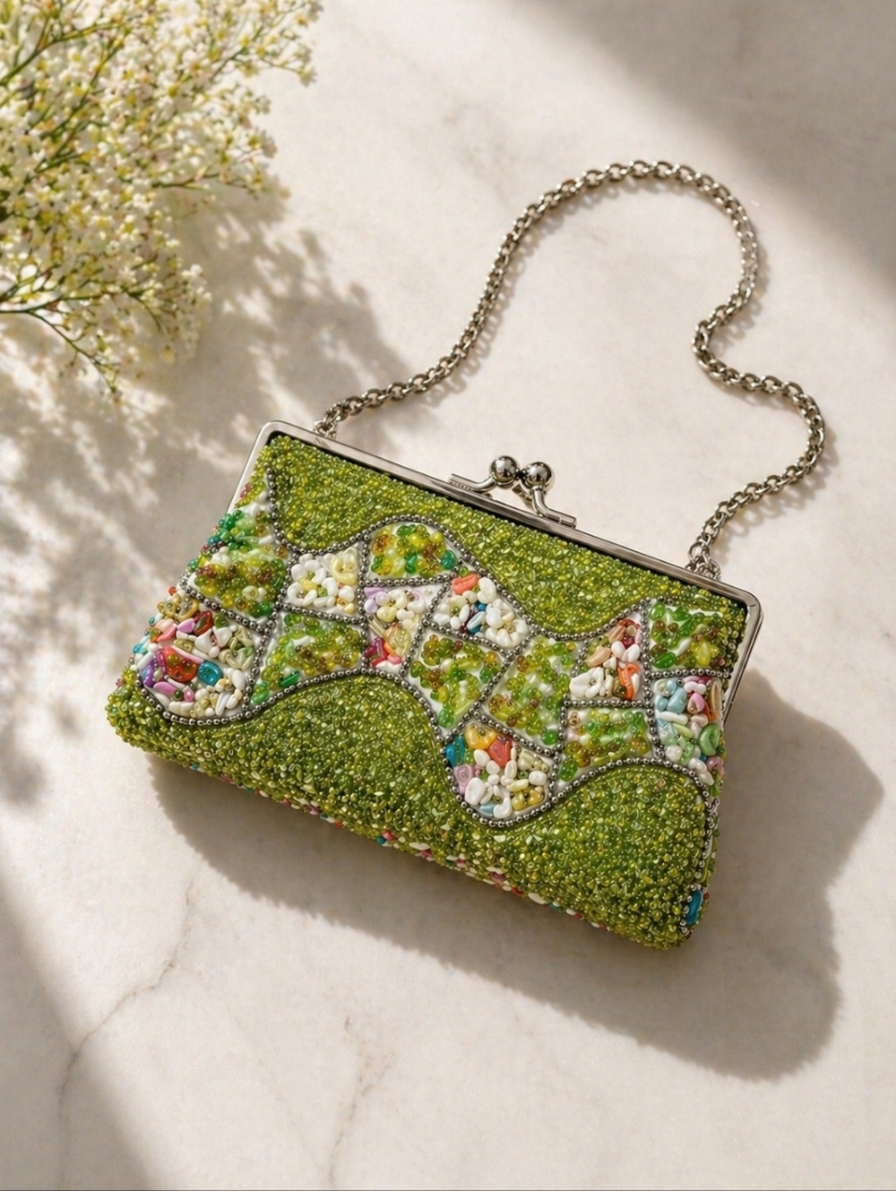 Vintage Beaded Kiss Lock Clutch Bag Green Cottagecore Garden Party Crossbody - Picture 3 of 11